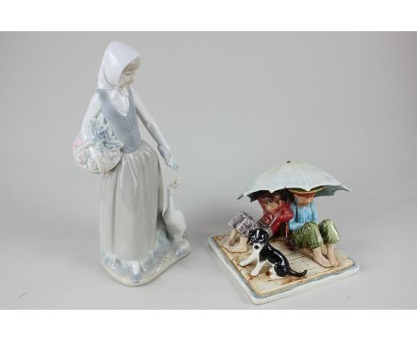 A Goebel Hummel porcelain figure of two children beneath an umbrella, beside a dog, after Norman Rockwell, 10cm, together wit