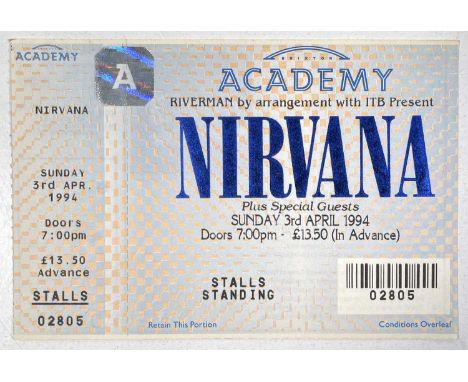 A complete and unused Nirvana ticket for the cancelled concert at Brixton Academy 3rd April 1994. Excellent condition. Measur
