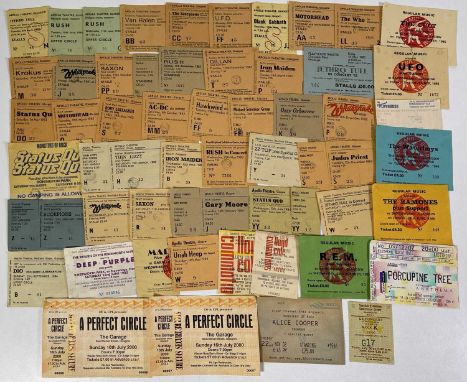 Approx 55 mostly c 1980s concert ticket stubs (some complete tickets) to inc: AC/DC, Rush, Motorhead, Rush, Van Halen, Status