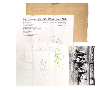 An official Rolling Stones Fan Club letter (20x25cm, folded) with what are very likely secretarial signatures of the five ban