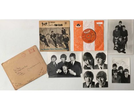 THE BEATLES - FAN CLUB 7" FLEXI + PROMO PHOTOGRAPHS PACK. A sought after selection of 2x 7" by The Beatles. Lot includes 4 pr