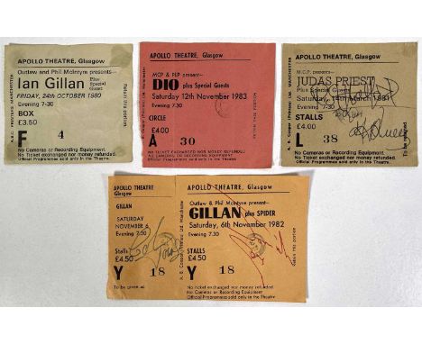 A complete ticket for Gillan, 1982 signed by Janick Gers and John Towns, a second Gillan stub signed by Janick Gers. A Judas 