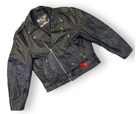 A likely c 1980s leather jacket with 'Headbanger's Ball' patch to back. Size L. With MTV label.