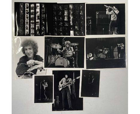 8 photo prints, 2 contact sheet prints, all depicting Jimi Hendrix Experience c 1967. Two measure 6x8", others 9.5 x 12".