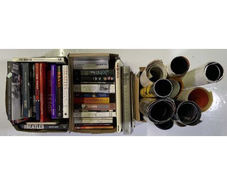 32 assorted books / magazines mostly Beatles related, approx 15 assorted posters inc Beatles CD release promotional posters, 