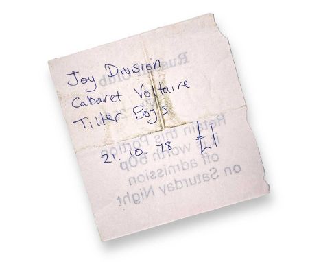 An original ticket stub from FAC3, a concert at the Factory at the Russell Club, 20th October 1978 with Joy Division, Cabaret