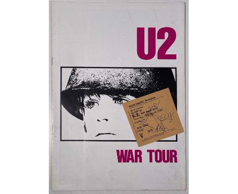 A ticket stub for a U2 concert on the 'War Tour', 10th March 1983 signed by Bono, The Edge, Adam Clayton. Measures 7.5 x 7.5c