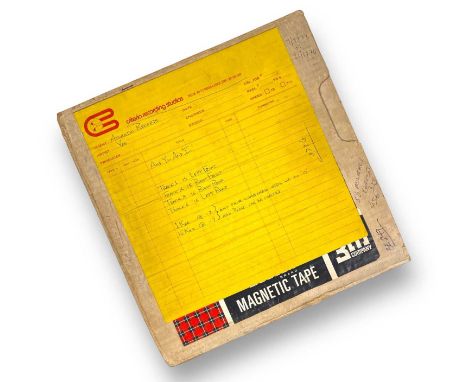 A box containing a reel of 1/2" Scotch 206 recording tape with handwritten 'Criteria Recording Studios' label documenting con