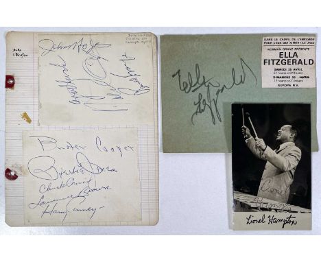 A cutting from an autograph book (17.5x13.5cm) with signature by Ella Fitzgerald, a page (17x22cm) with two autograph book pa