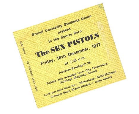 An original ticket stub for a famous night at Brunel University with The Sex Pistols, 16th December 1977. Measures 11.4x9.6cm