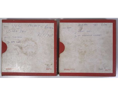 A pair of 1" BASF audio tape reels with handwritten info to boxes detailing contents as being recordings made by Yes c Januar
