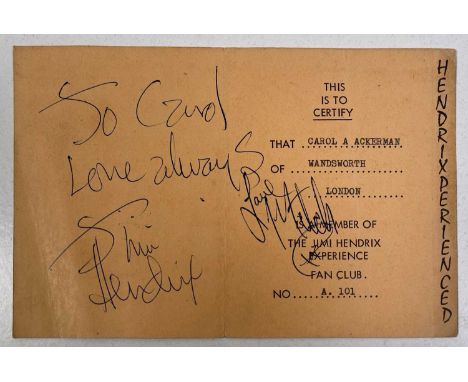 An 'I Am Experienced' Jimi Hendrix fan club membership card (17x11cm when unfolded) signed with inscription 'To Carol Love al