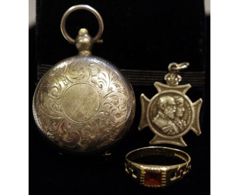 Jewellery - a 9ct gold garnet signet ring, 1.9g;  a silver sovereign case, Birmingham 1911,  a King Edward VII commemorative 