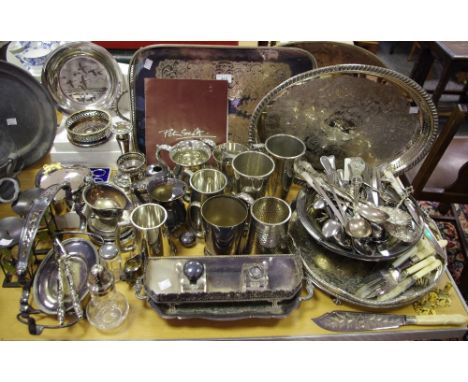 Silver plate - a early 20th century desk tidy with two glass ink wells; various tankards; a twin handled gallery tray; wine c