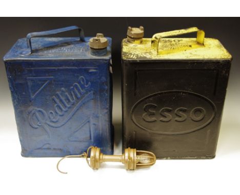 A Redline petrol can; an Esso petrol can; a vintage lead light (3)