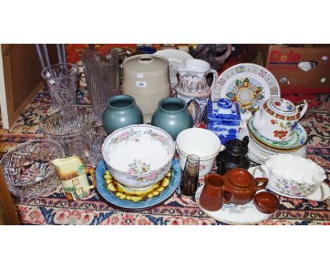 A Crown Staffordshire Chelsea Manor pattern pedestal bowl; a Ringtons Tea blue &amp; white squarer tea caddy c.1930; a Minton