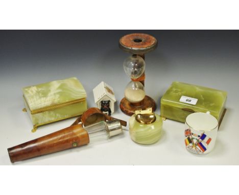 Boxes &amp; Objects - bobbin reel hour glass; onyx jewellery caskets, gilt metal fittings; crested ware 'The Black Watch'; ri