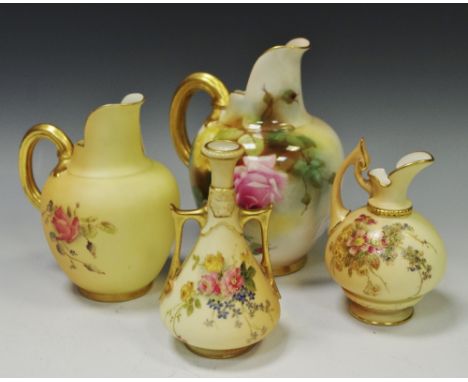 Royal Worcester - Two Royal Worcester blush ivory vases, with angular handle, decorated with floral sprays, shape number 1021