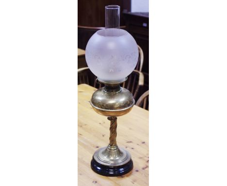 A Victorian brass oil lamp, frosted glass shade, Hinks No2 Duplex burner.