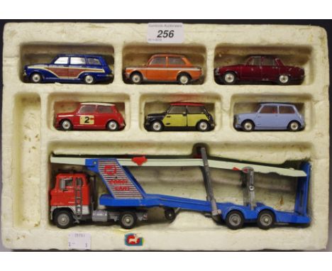 A Corgi gift set 41 comprising Carrimore Mk IV Transporter; BMC Monte Carlo Mini Coopers S, another Radford Mini Cooper S; an