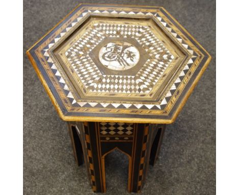 An Eastern hall table profusely inlaid with mother of pearl and ebony throughout, early 20th century