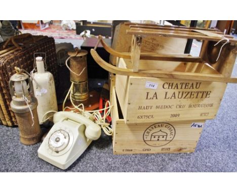 Boxes and objects - an Arras safety lamp; a miner's safety lamp; four wooden wine crates; a stoneware bottle; vintage shears;