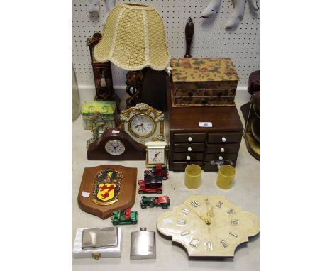 Clocks, alarm and wall;  a decorative side lamp;  a collectors chest;  model cars;  etc 