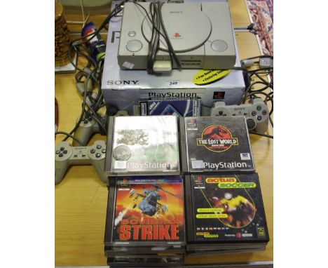 Retro Gaming - Playstation games console, dual shock, another, three controllers, games inc Wipeout, Tekken II, Soccer 97, To