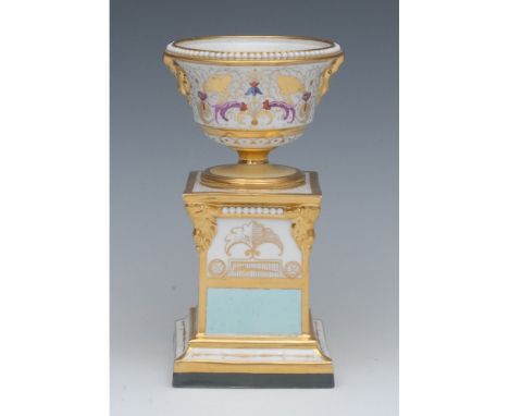 A  Barr, Flight & Barr Worcester vase on pedestal, the campana shaped vase, with gilt stylised birds and puce scrolls, beaded