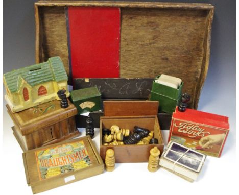 Juvenalia - Games - a carved chess set; tiddly winks; playing cards; etc 