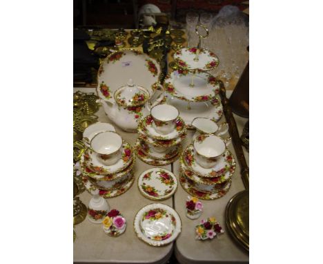 Royal Albert Old Country Roses tea service for six comprising teapot, cups, saucers, tea plates, milk, sugar; posies