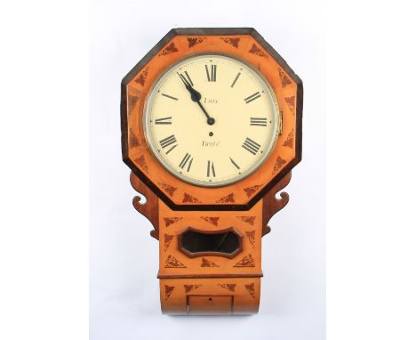 A Victorian light stained mahogany cased inlaid American wall clock with fusee movement, dial having black Roman numeral hour
