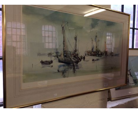 A selection of framed prints to include a large framed signed print of seascape with boats.
