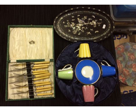 Lot to include a Royal Worcester tea set, a mother of pearl inlaid wooden tray and a cutlery set.