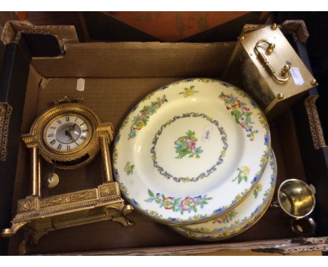 A mixed lot to include a carriage clock, mantle clock and a part floral dinner service.