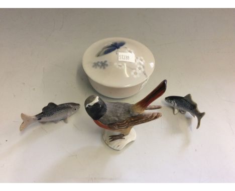 Royal Copenhagen small ceramic pot with lid, small Goebel ceramic bird, two small ceramic fish