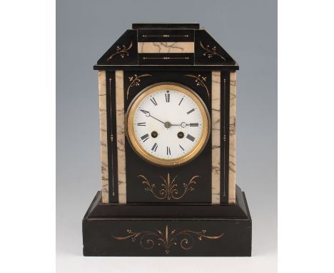 A 19th Century French slate and marble mantel clock with angular design case with gilt coloured detailing, the white dial hav