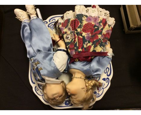 A lot to include two sleeping China dolls, ceramic dinner plates and fountain pens