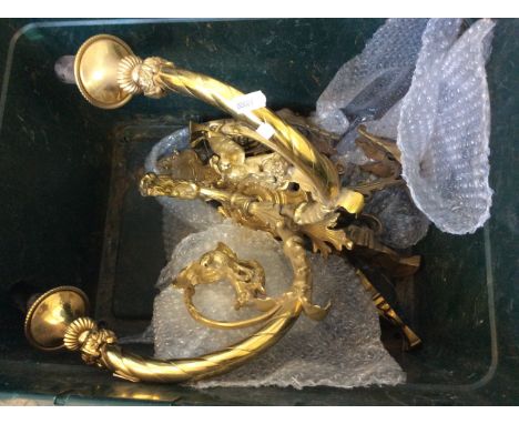 A selection of light fittings to include glass dropper ceiling light and two brass wall lights with Rams head decoration.