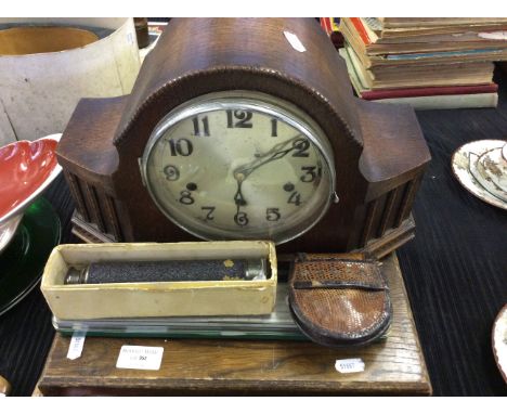 Lot to include and oak mantle clock, a folk art walking stick, telescope etc