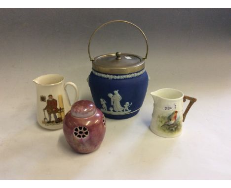 Lot to include a Ruskin pottery pink pot (A/F), a W.H Goss jug, a Royal Worcester jug with printed bird and blue Wedgwood pot