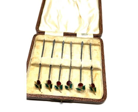 Boxed antique silver &amp; enamel cocktail sticks 