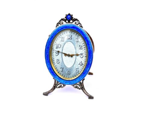 Edwardian silver &amp; guilloche enamel strut clock marked 55478 Geneve 935 argent dore winds &amp; ticks height 10cm