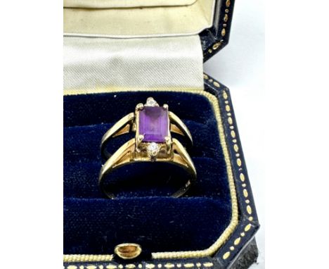 14ct gold amethyst &amp; clear gemstone double ring (4.1g) 