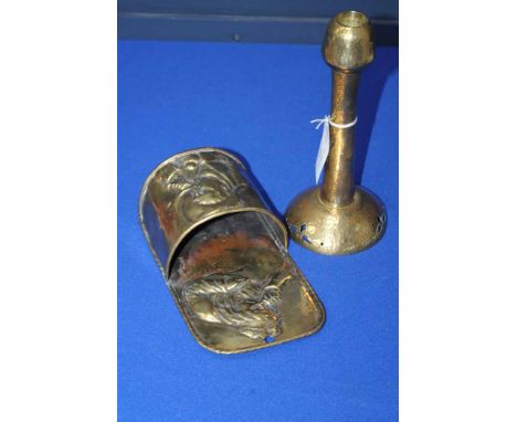 ARTS AND CRAFTS BRASS CANDLESTICK 
and a box (2)