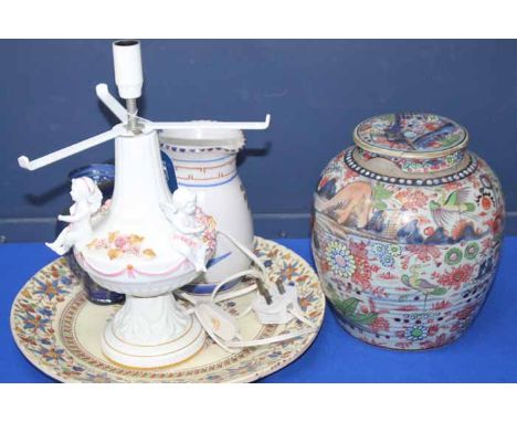 LOT OF CERAMICS AND GLASS
including a large decorative charger, Asian jar and cover (damaged and repaired), blue glass vase, 