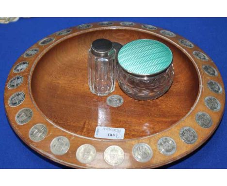 OAK SOUVENIR COIN BOWL 
together with a silver and enamel topped jar and two other lidded jars 