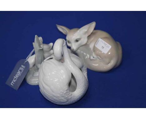 LLADRO FIGURE OF A FOX AND CUB
also with a Lladro swan pot pourri and a Nao group of three ducks (3)