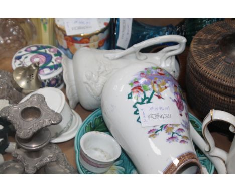 SCOTTISH POTTERY JUG 
together with a glass oil lamp and a group of decorative china and glassware