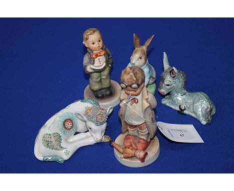 GROUP OF FIVE CERAMIC FIGURES
comprising of two Basel Matthews figures, two Goebel Hummel figures and a Royal Albert Peter Ra
